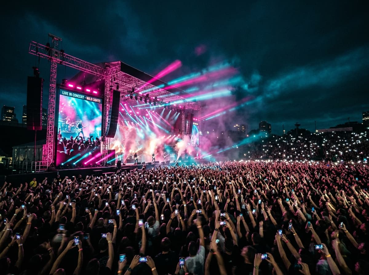 Massive live concert crowd with lights and stage